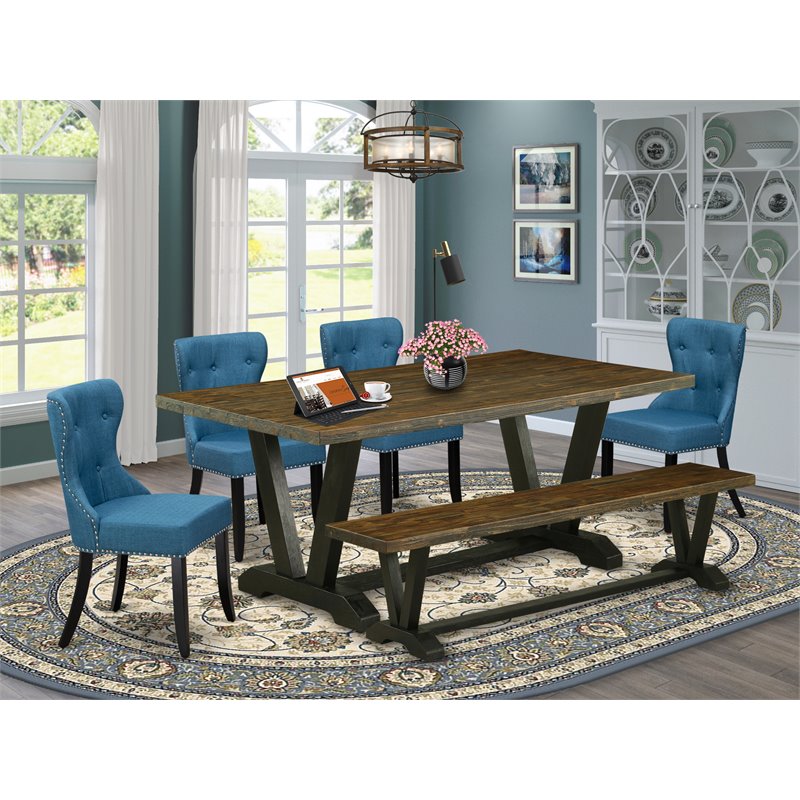 East West Furniture V-Style 6-piece Wood Kitchen Table Set in Jacobean/Black