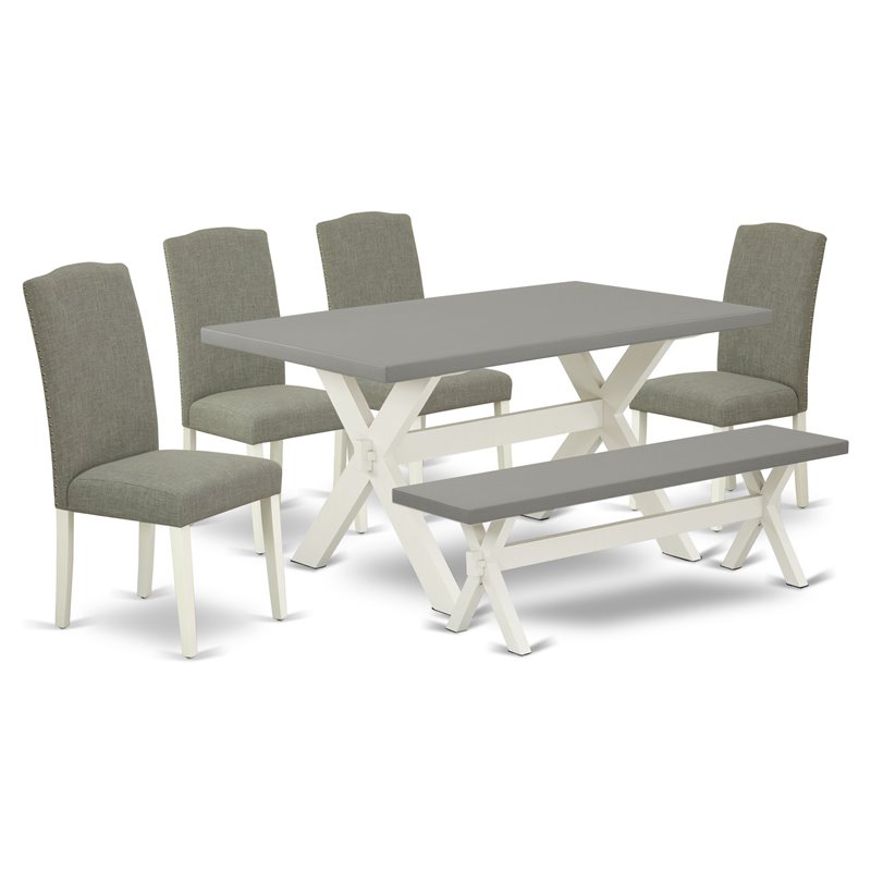 East West Furniture X-Style 6-piece Wood Dining Set in White/Dark Shitake/Cement