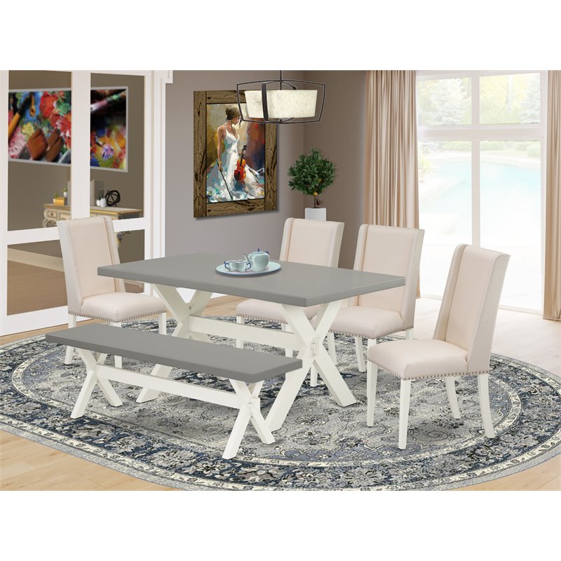 East West Furniture X-Style 6-piece Wood Dining Set in White/Cement/Cream