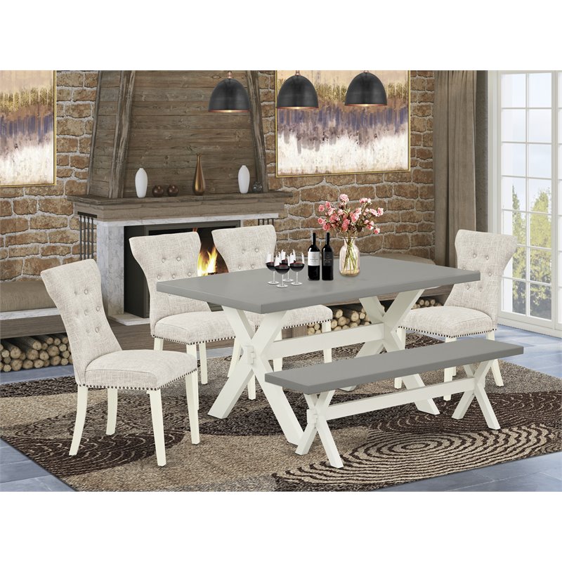 East West Furniture X-Style 6-piece Wood Dining Set in White/Doeskin/Cement