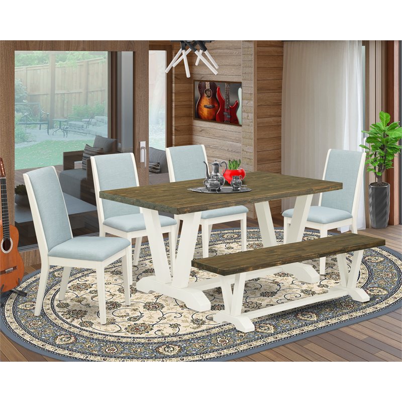 East West Furniture V-Style 6-piece Wood Dining Set in Jacobean Brown/Blue