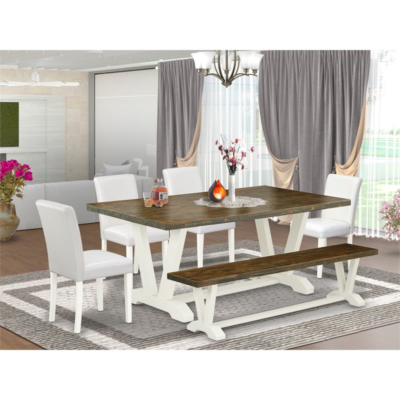 East West Furniture V-Style 6-piece Wood Dining Table Set with Bench in White