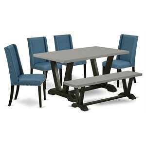 East West Furniture V-Style 6-piece Wood Dining Set in Black/Cement/Blue