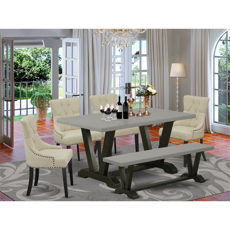East West Furniture V-Style 6-piece Wood Dining Set in Black/Cement/Light Beige