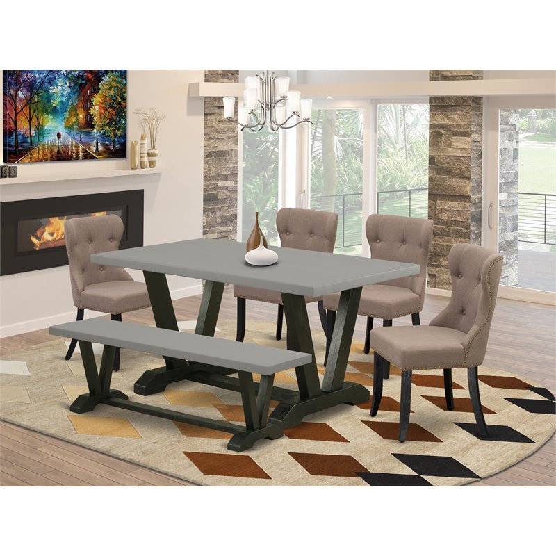 East West Furniture V-Style 6-piece Wood Dining Set in Black/Coffee