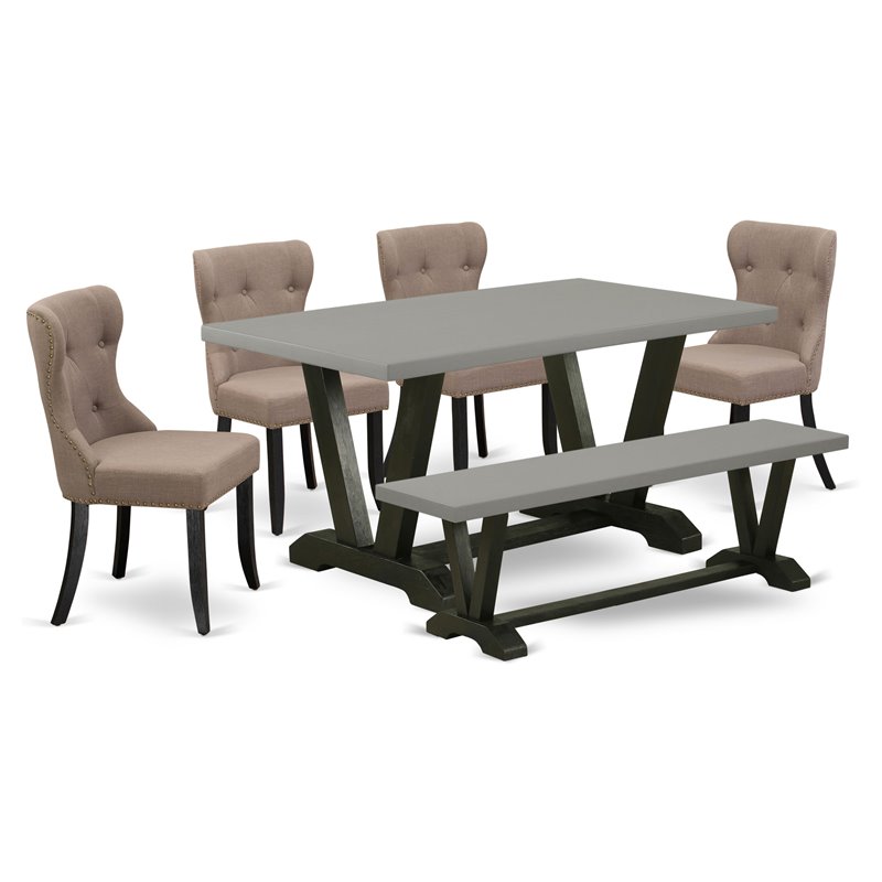 East West Furniture V-Style 6-piece Wood Dining Set in Black/Coffee