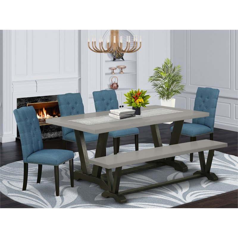East West Furniture V-Style 6-piece Wood Kitchen Set in Black/Cement/Blue