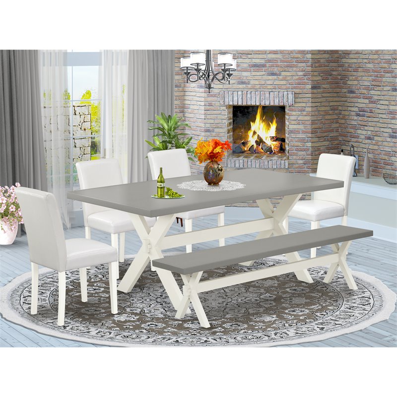 East West Furniture X-Style 6-piece Wood Dining Table Set in Linen White
