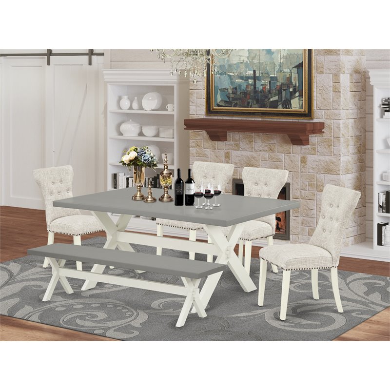 East West Furniture X-Style 6-piece Dining Table Set in White/Doeskin/Cement