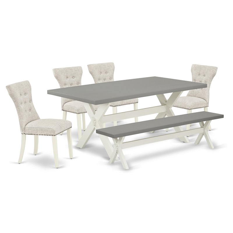 East West Furniture X-Style 6-piece Dining Table Set in White/Doeskin/Cement
