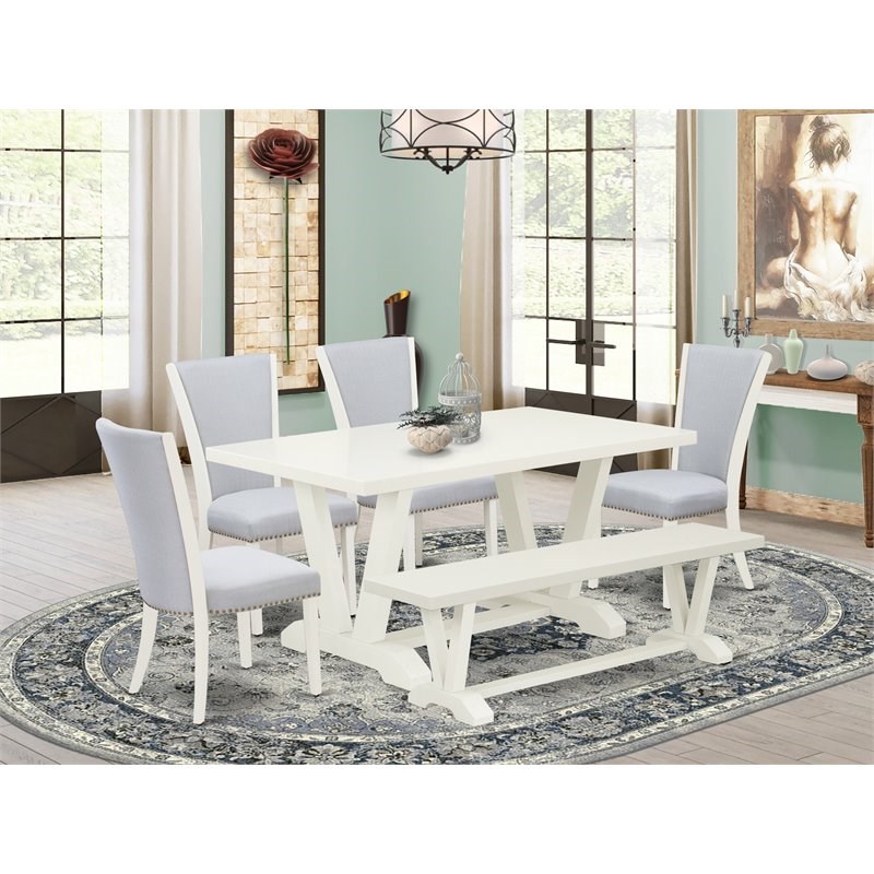 East West Furniture V-Style 6-piece Wood Dining Set with Bench in White/Gray
