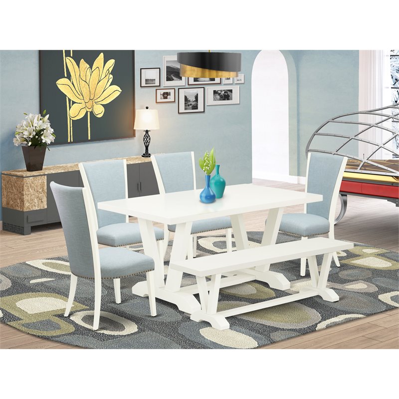 East West Furniture V-Style 6-piece Dining Room Set w/ Bench in White/Baby Blue