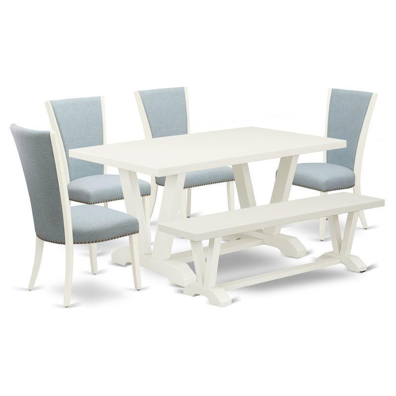 East West Furniture V-Style 6-piece Dining Room Set w/ Bench in White/Baby Blue