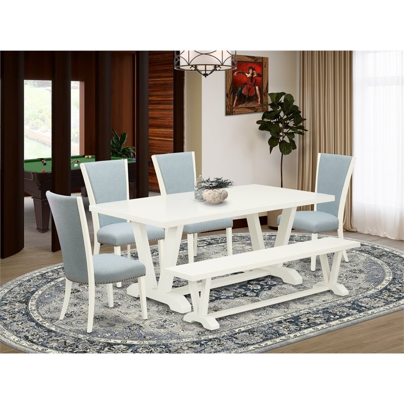 East West Furniture V-Style 6-piece Wood Dining Set with High Back in White/Blue