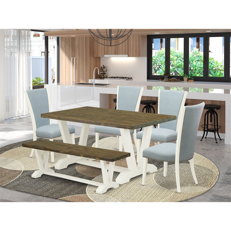East West Furniture V-Style 6-piece Wood Dining Room  Set with Bench in White