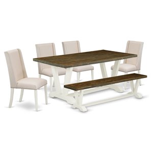 East West Furniture V-Style 6-piece Wood Dining Room Set in Linen White/Cream