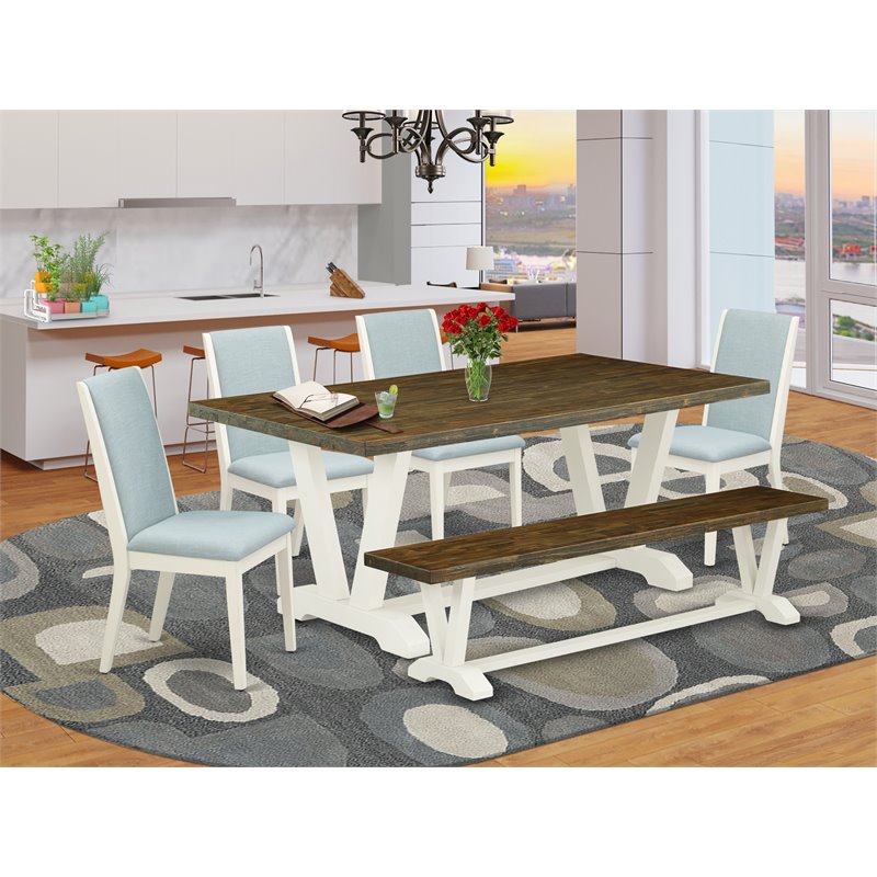 East West Furniture V-Style 6-piece Wood Dining Set in Jacobean Brown/Baby Blue