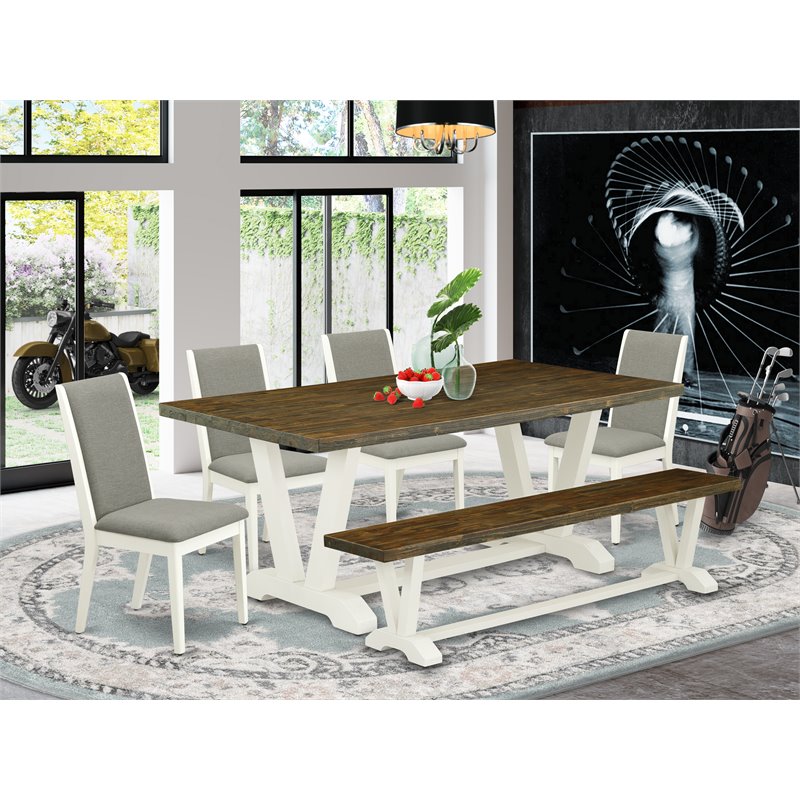 East West Furniture V-Style 6-piece Wood Dining Table Set in Linen White/Shitake