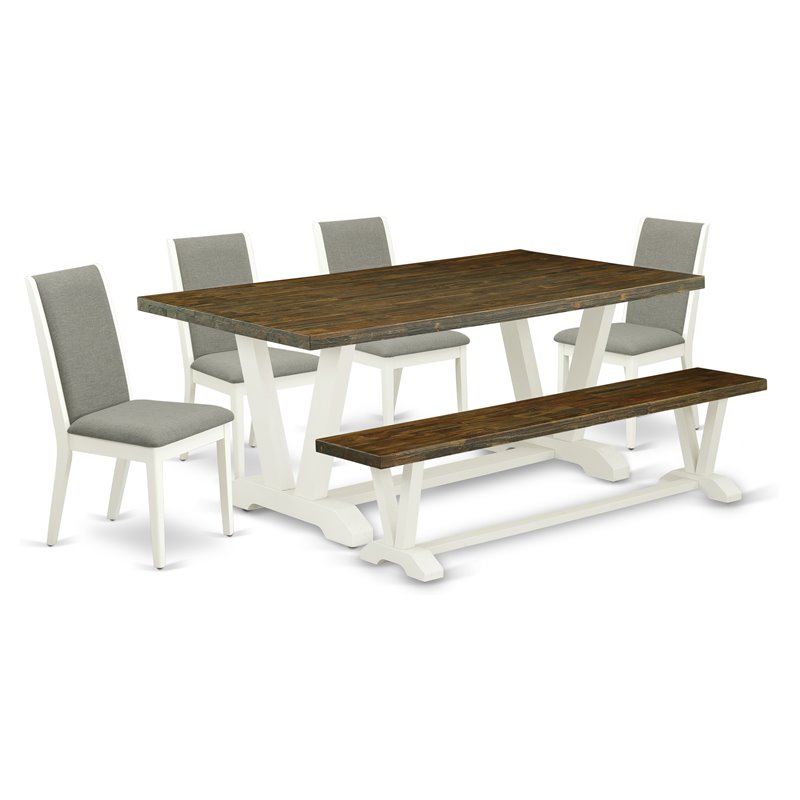 East West Furniture V-Style 6-piece Wood Dining Table Set in Linen White/Shitake