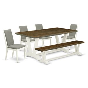 East West Furniture V-Style 6-piece Wood Dining Table Set in Linen White/Shitake