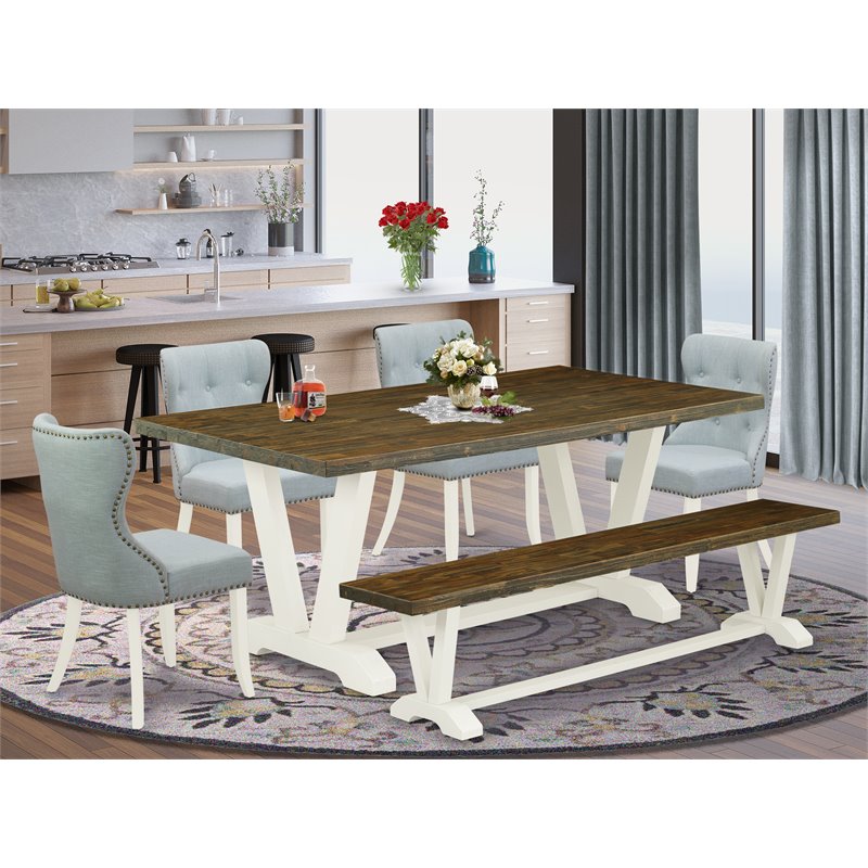 East West Furniture V-Style 6-piece Wood Kitchen Set in Linen White/Baby Blue