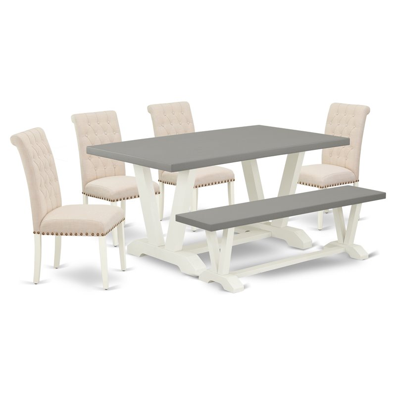 East West Furniture V-Style 6-piece Wood Dining Table Set in Linen White/Cement