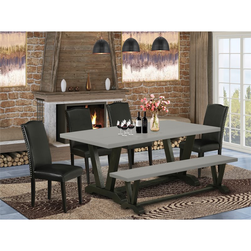East West Furniture V-Style 6-piece Wood Dining Set with Leather Seat in Black