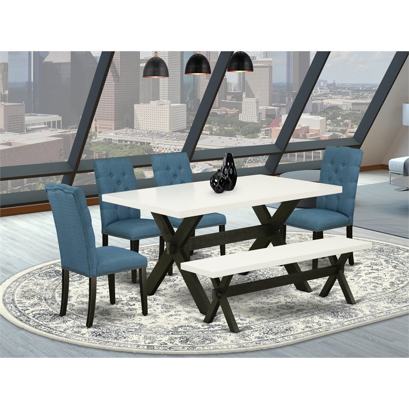 East West Furniture X-Style 6-piece Wood Dining Table Set in Black/Mineral Blue
