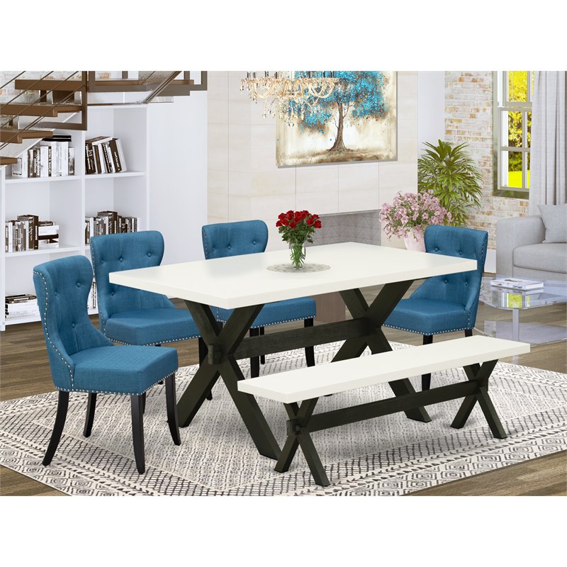 East West Furniture X-Style 6-piece Wood Dining Set in White/Black/Blue