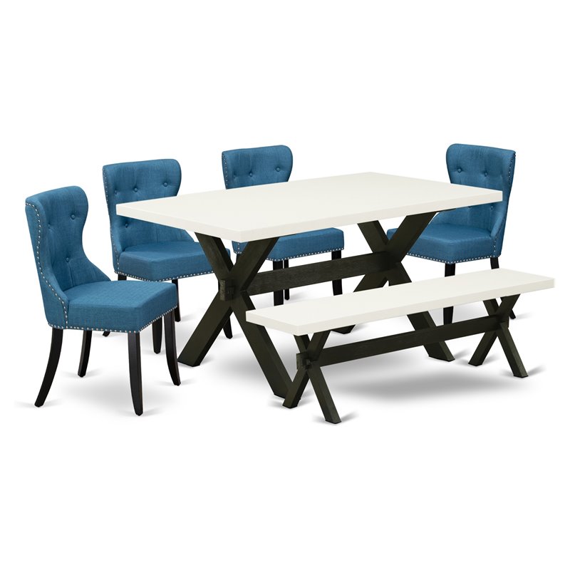 East West Furniture X-Style 6-piece Wood Dining Set in White/Black/Blue