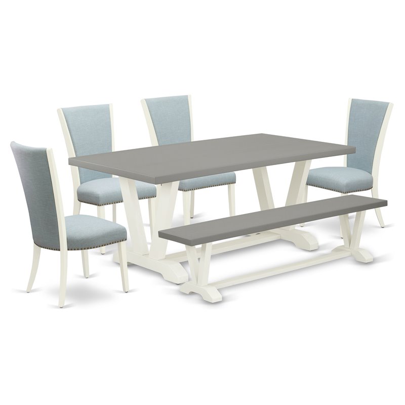 East West Furniture V-Style 6-piece Wood Dining Set in White/Cement/Blue