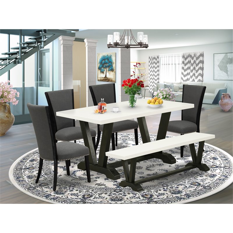 East West Furniture V-Style 6-piece Wood Dining Table Set w/ High Back in Black