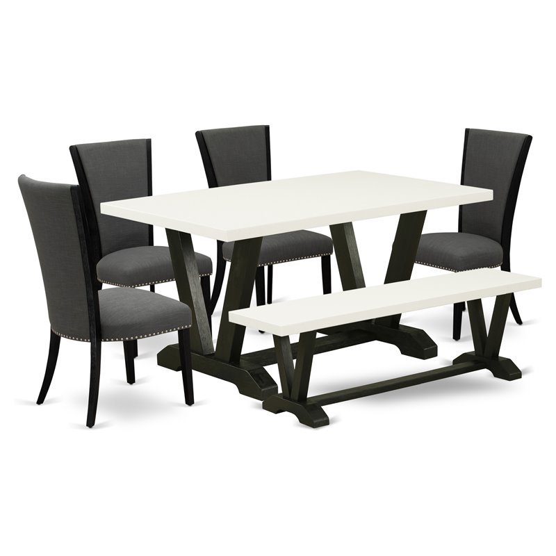 East West Furniture V-Style 6-piece Wood Dining Table Set w/ High Back in Black