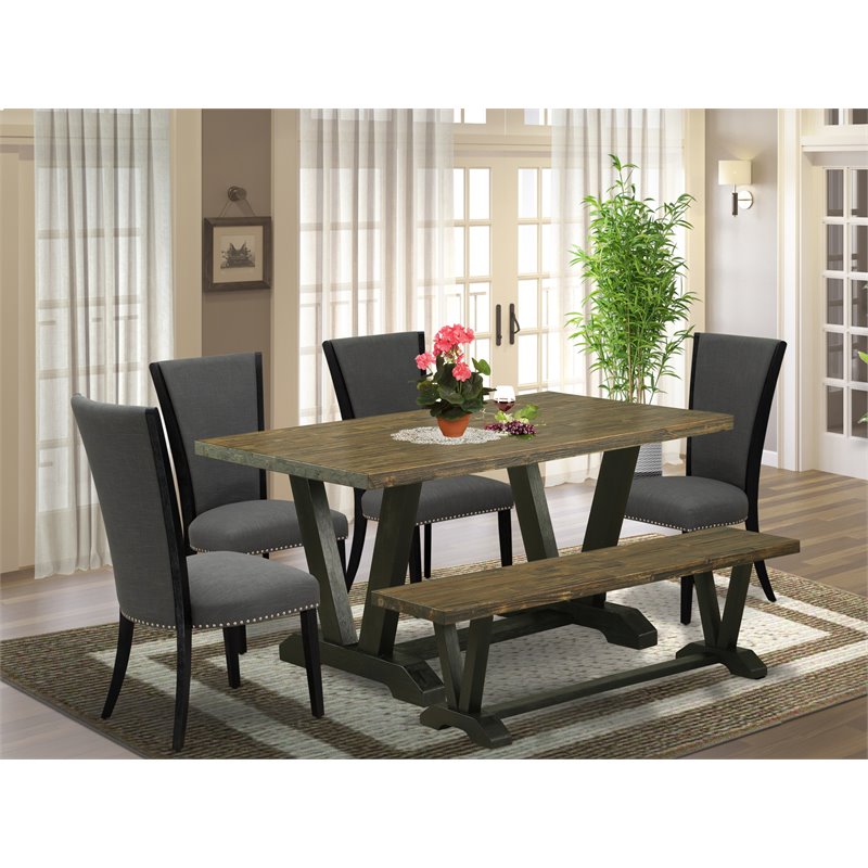 East West Furniture V-Style 6-piece Wood Dining Set with Cushion Chairs in Gray