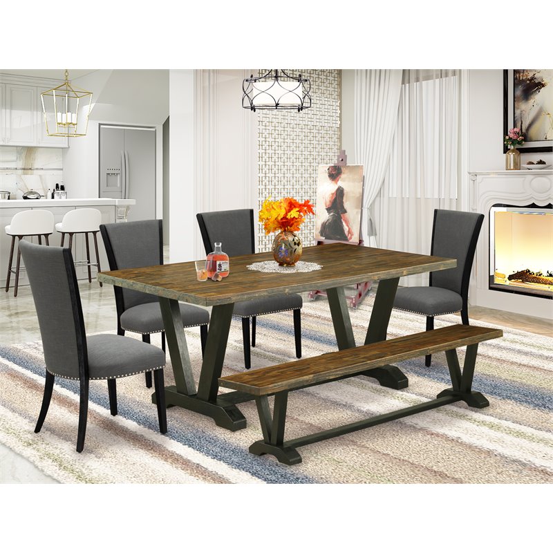 East West Furniture V-Style 6-piece Wood Dining Set with Linen Seat in Gray
