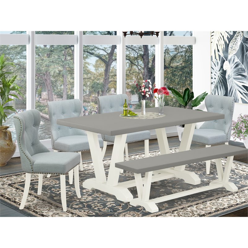 East West Furniture V-Style 6-piece Dining Room Table Set in White/Baby Blue