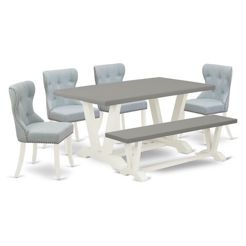 East West Furniture V-Style 6-piece Dining Room Table Set in White/Baby Blue