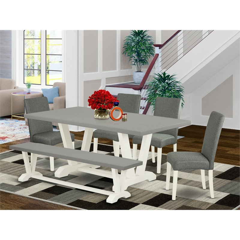 East West Furniture V-Style 6-piece Wood Dining Table Set in Linen White/Gray