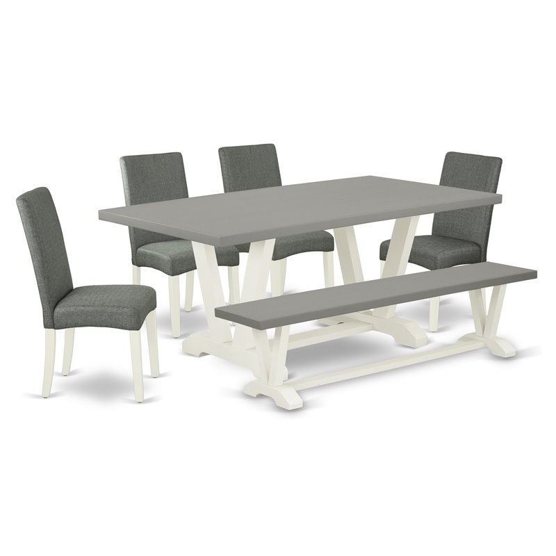 East West Furniture V-Style 6-piece Wood Dining Table Set in Linen White/Gray