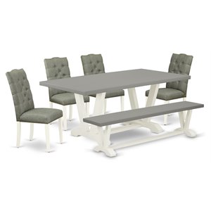 East West Furniture V-Style 6-piece Wood Dining Room Table Set in White/Smoke