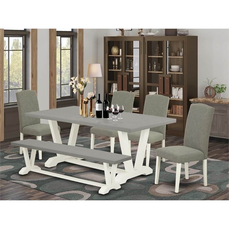 East West Furniture V-Style 6-piece Wood Dinette Set in White/Dark Shitake