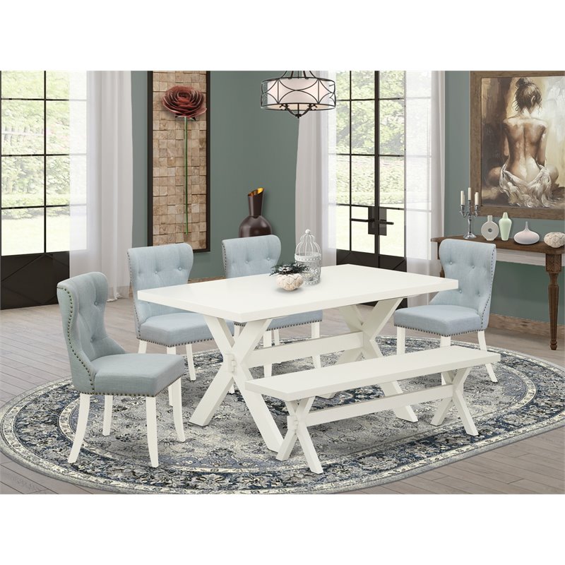 East West Furniture X-Style 6-piece Wood Dinette Set in Linen White/Baby Blue