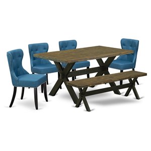 East West Furniture X-Style 6-piece Wood Dining Set in Jacobean/Black/Blue