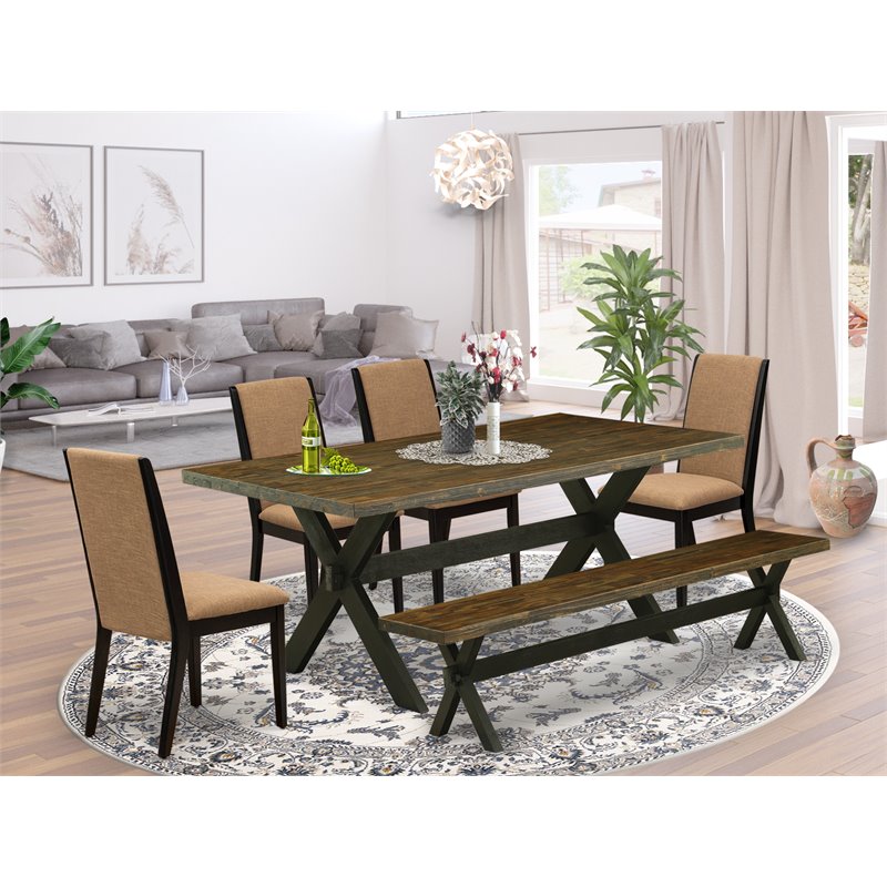 East West Furniture X-Style 6-piece Wood Dining Set with Cushion Seat in Black