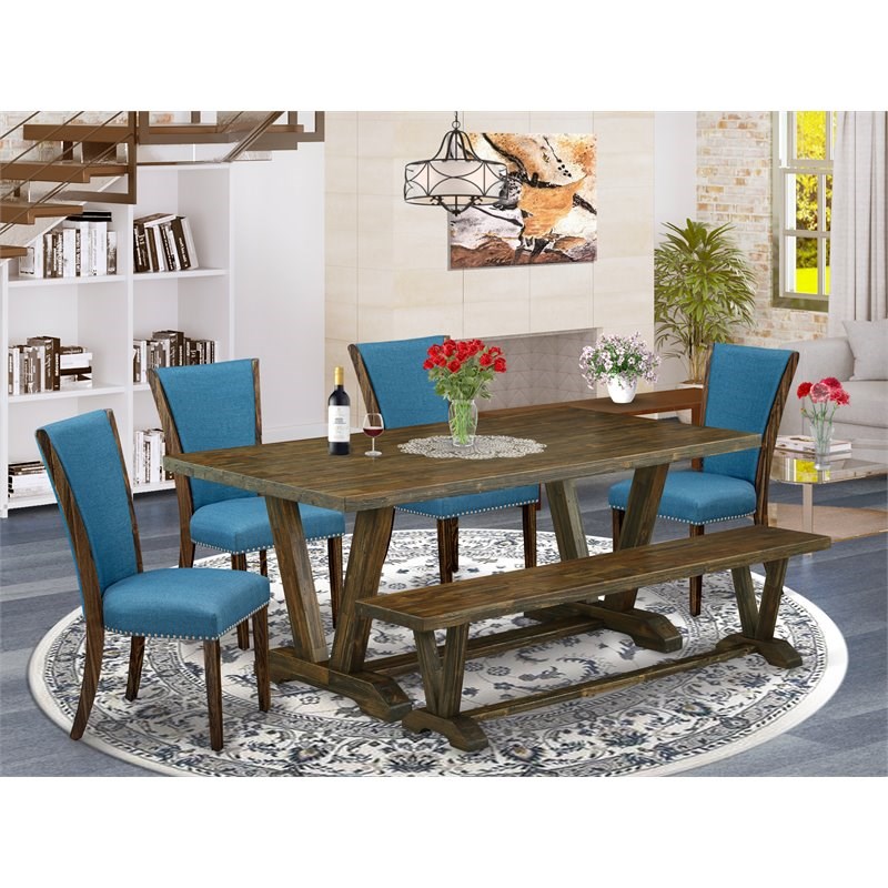East West Furniture V-Style 6-piece Wood Dining Room Set in Jacobean Brown