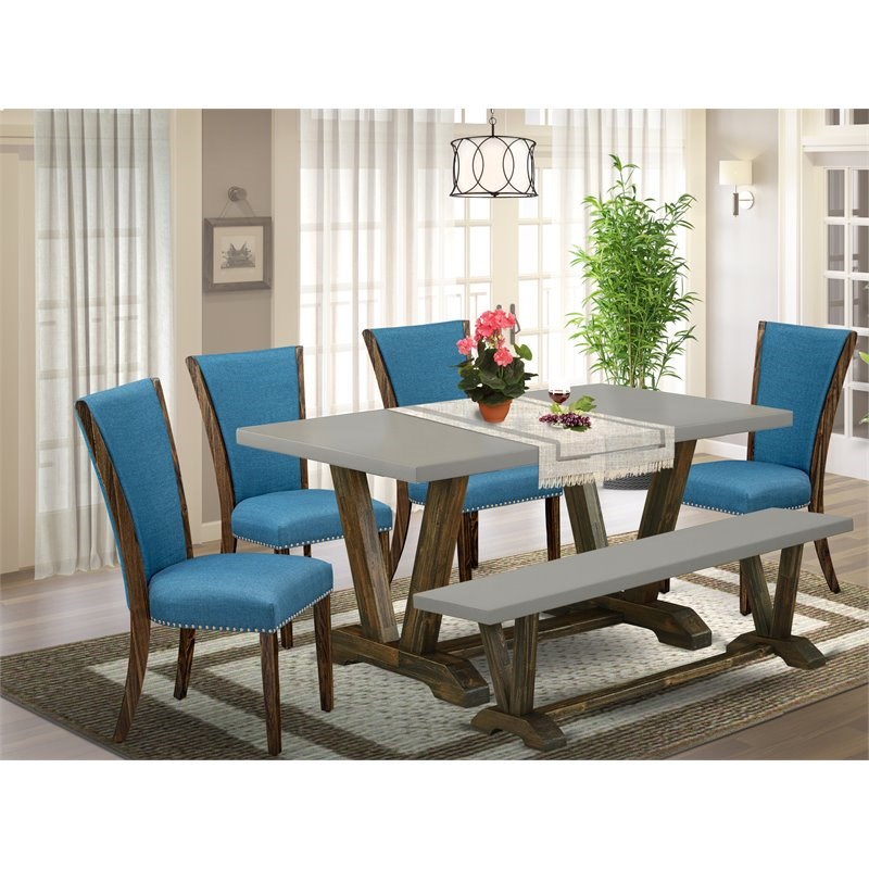 East West Furniture V-Style 6-piece Wood Dining Room Table Set in Jacobean Brown