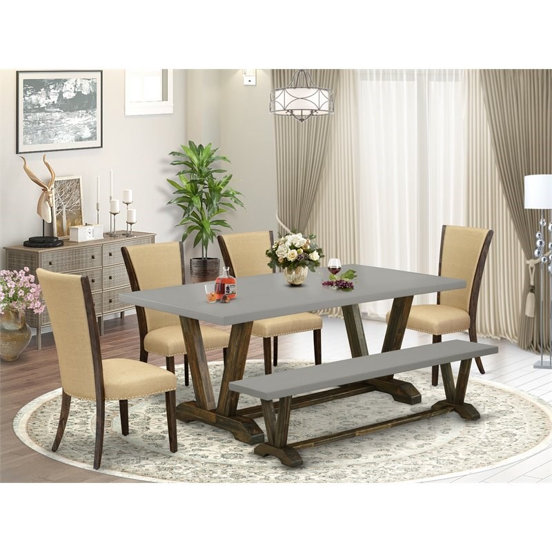 East West Furniture V-Style 6-piece Wood Dining Table Set in Jacobean Brown