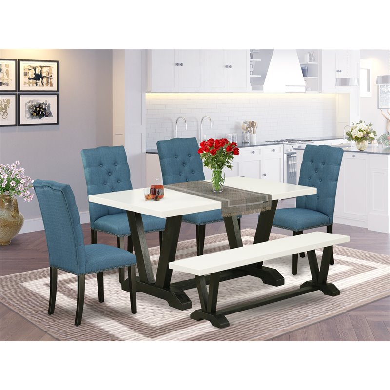 East West Furniture V-Style 6-piece Wood Dining Set in Black/Mineral Blue
