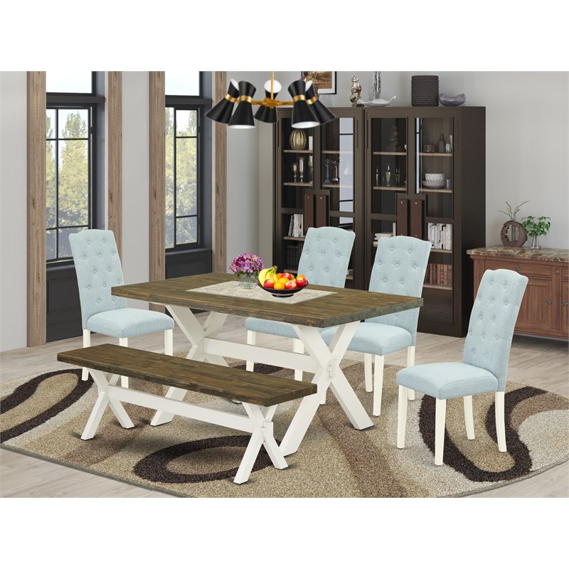 East West Furniture X-Style 6-piece Wood Kitchen Table Set in White/Baby Blue