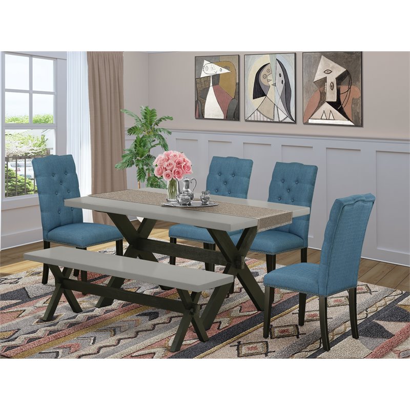 East West Furniture X-Style 6-piece Wood Dining Set in Black and Mineral Blue